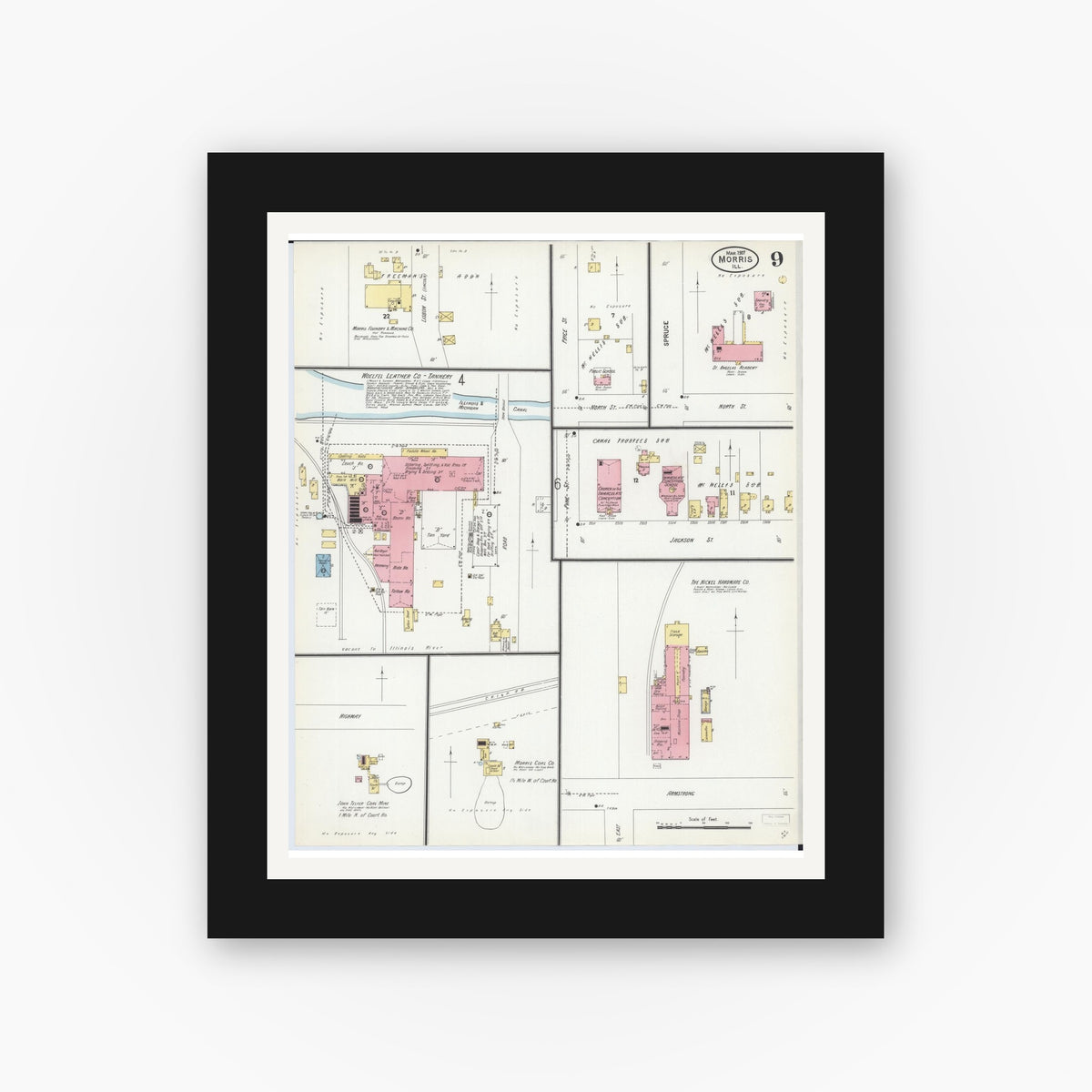 Old map wall art mockup — black gallery frame with white mat — Sanborn Fire Insurance Map from Morris, Grundy County, Illinois (1907), Sheet #0009