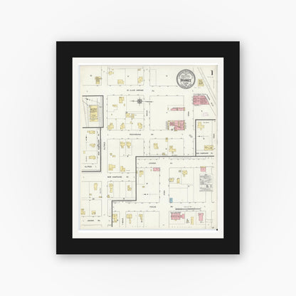 Old map wall art mockup — black gallery frame with white mat — Sanborn Fire Insurance Map from Tavares, Lake County, Florida (1912), Sheet #0001