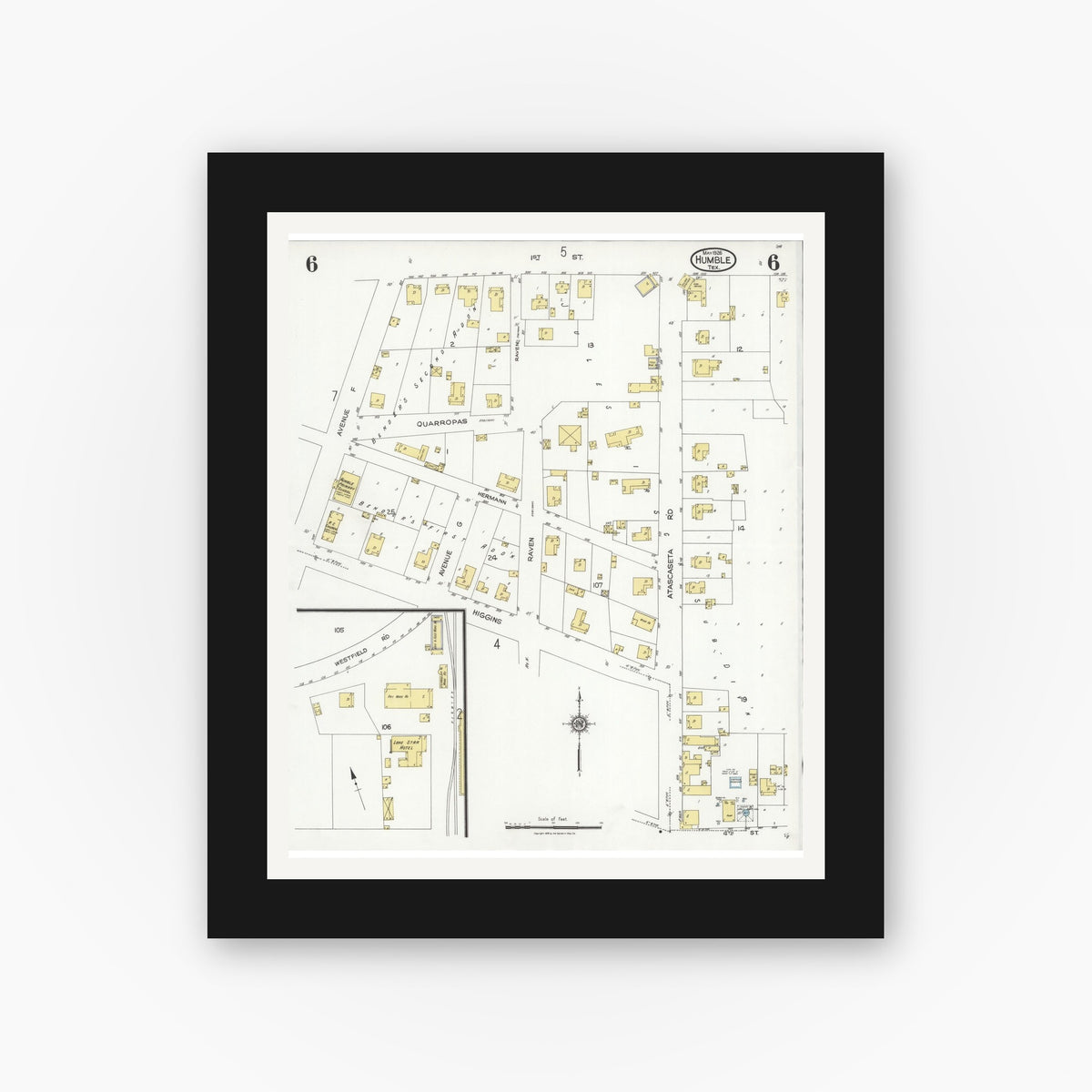 Old map wall art mockup — black gallery frame with white mat — Sanborn Fire Insurance Map from Humble, Harris County, Texas (1926), Sheet #0006