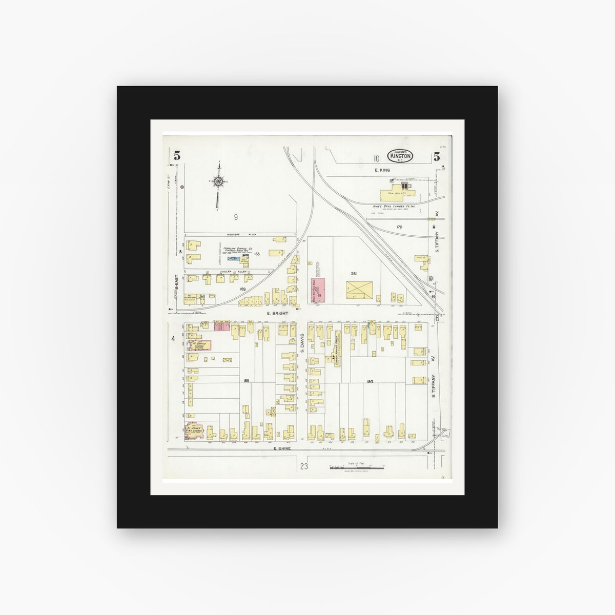 Old map wall art mockup — black gallery frame with white mat — Sanborn Fire Insurance Map from Kinston, Lenoir County, North Carolina (1925), Sheet #0005