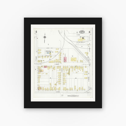 Old map wall art mockup — black gallery frame with white mat — Sanborn Fire Insurance Map from Kinston, Lenoir County, North Carolina (1925), Sheet #0005