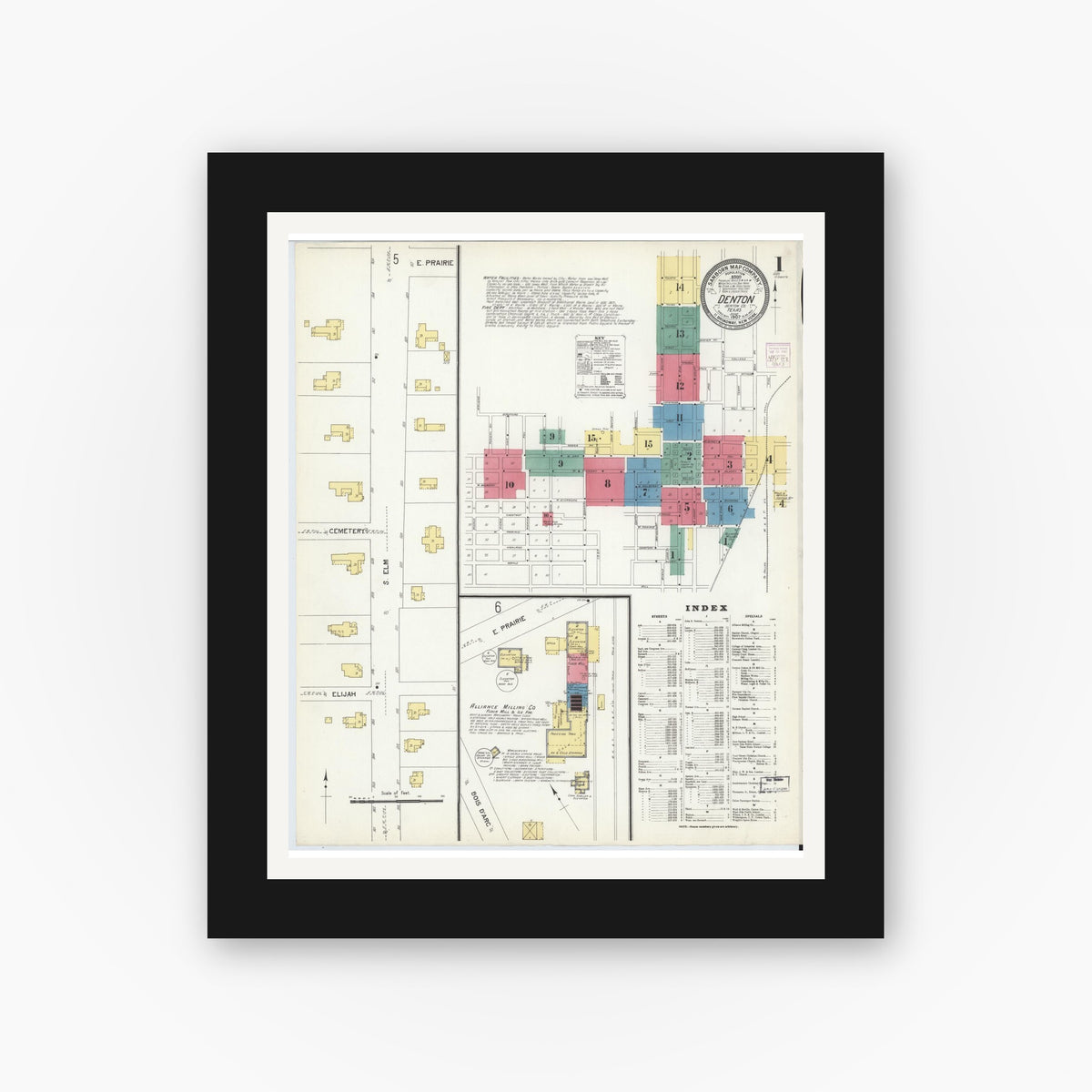 Old map wall art mockup — black gallery frame with white mat — Sanborn Fire Insurance Map from Denton, Denton County, Texas (1907) - Complete Map Set