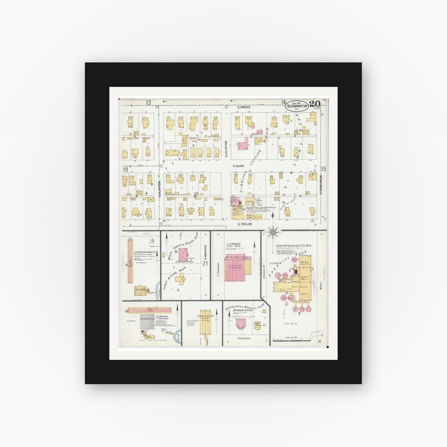 Old map wall art mockup — black gallery frame with white mat — Sanborn Fire Insurance Map from Bloomington, McLean County, Illinois (1901), Sheet #0020