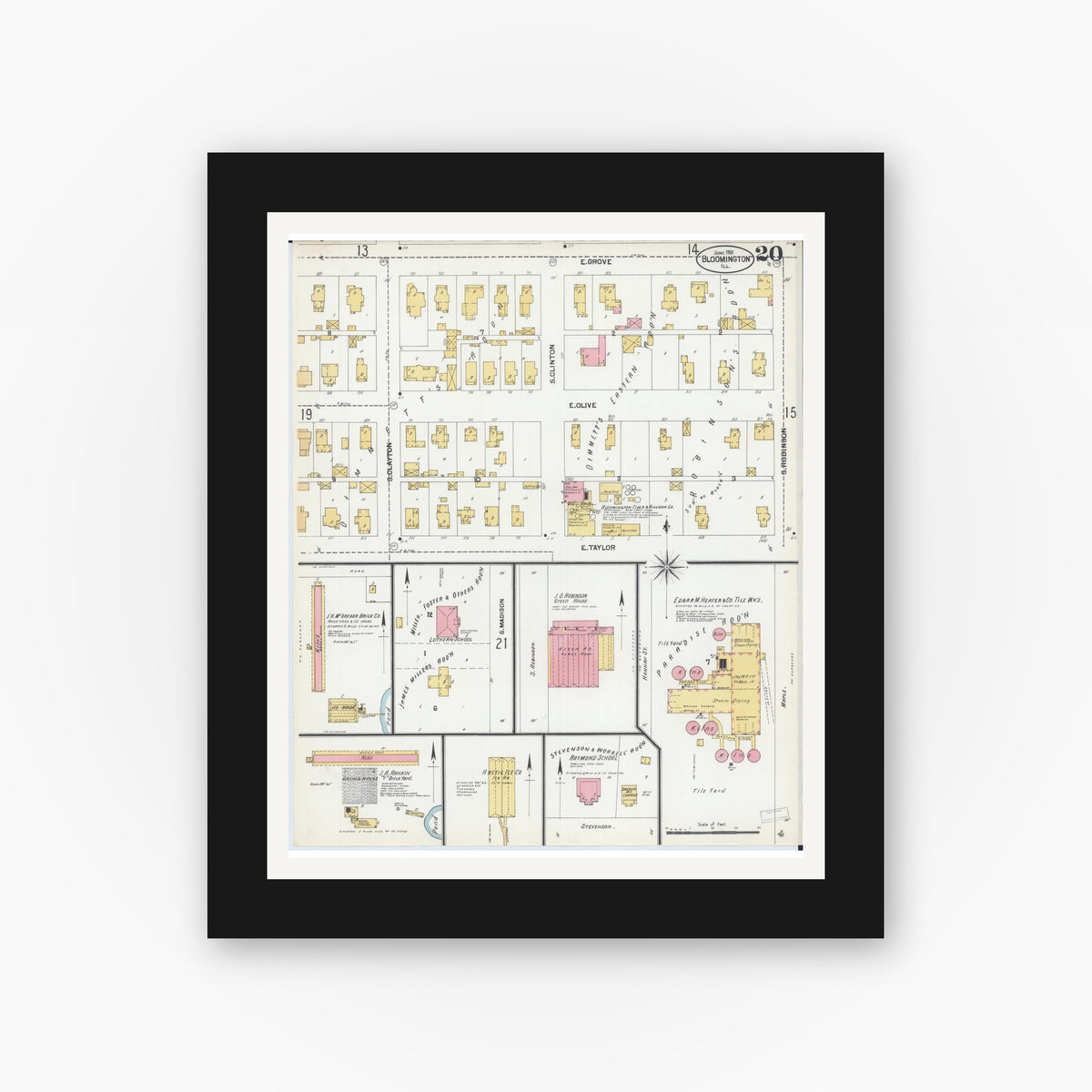 Old map wall art mockup — black gallery frame with white mat — Sanborn Fire Insurance Map from Bloomington, McLean County, Illinois (1901), Sheet #0020