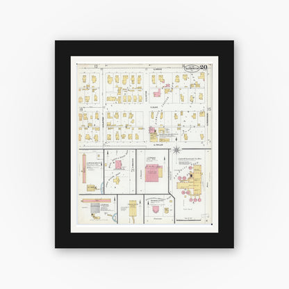 Old map wall art mockup — black gallery frame with white mat — Sanborn Fire Insurance Map from Bloomington, McLean County, Illinois (1901), Sheet #0020