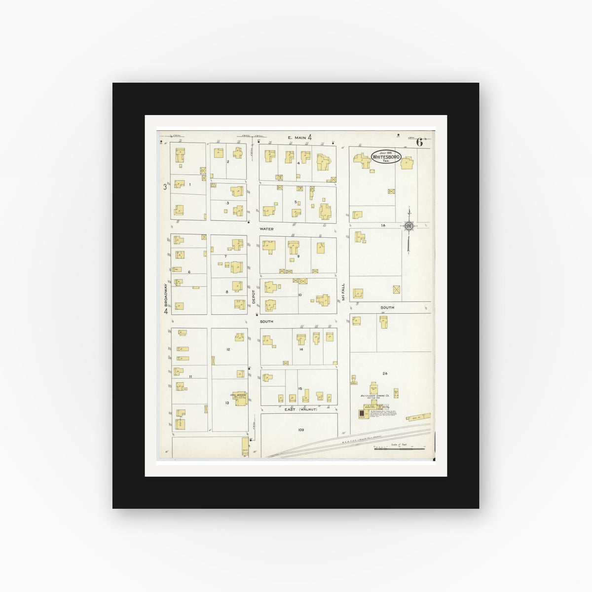 Old map wall art mockup — black gallery frame with white mat — Sanborn Fire Insurance Map from Whitesboro, Grayson County, Texas (1915), Sheet #0006