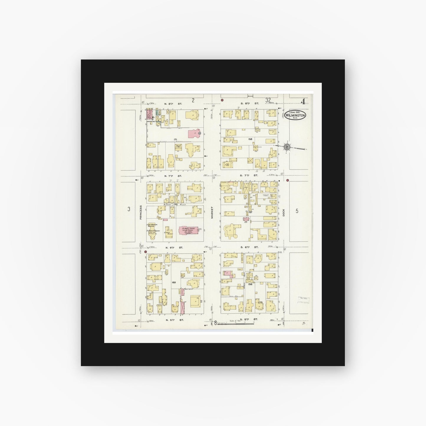 Old map wall art mockup — black gallery frame with white mat — Sanborn Fire Insurance Map from Wilmington, New Hanover County, North Carolina (1910), Sheet #0004