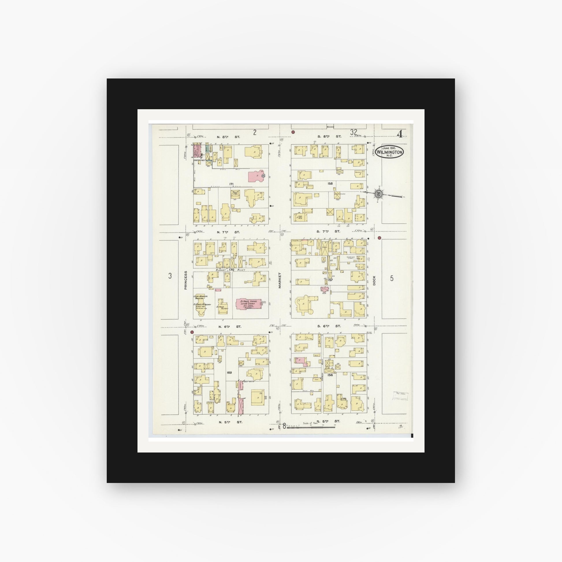Old map wall art mockup — black gallery frame with white mat — Sanborn Fire Insurance Map from Wilmington, New Hanover County, North Carolina (1910), Sheet #0004