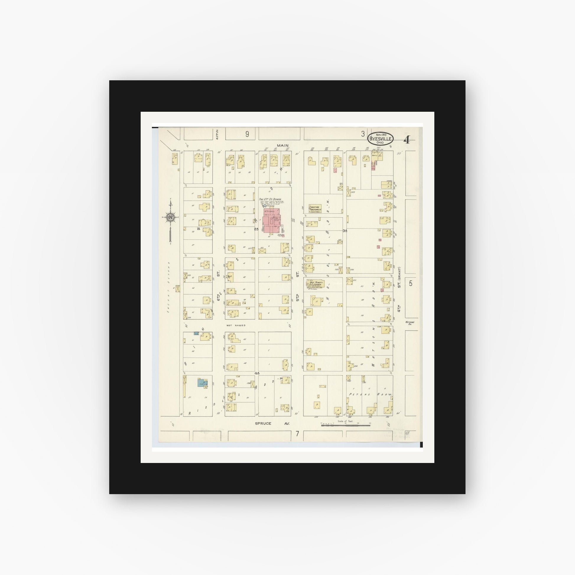 Old map wall art mockup — black gallery frame with white mat — Sanborn Fire Insurance Map from Byesville, Guernsey County, Ohio (1913), Sheet #0004