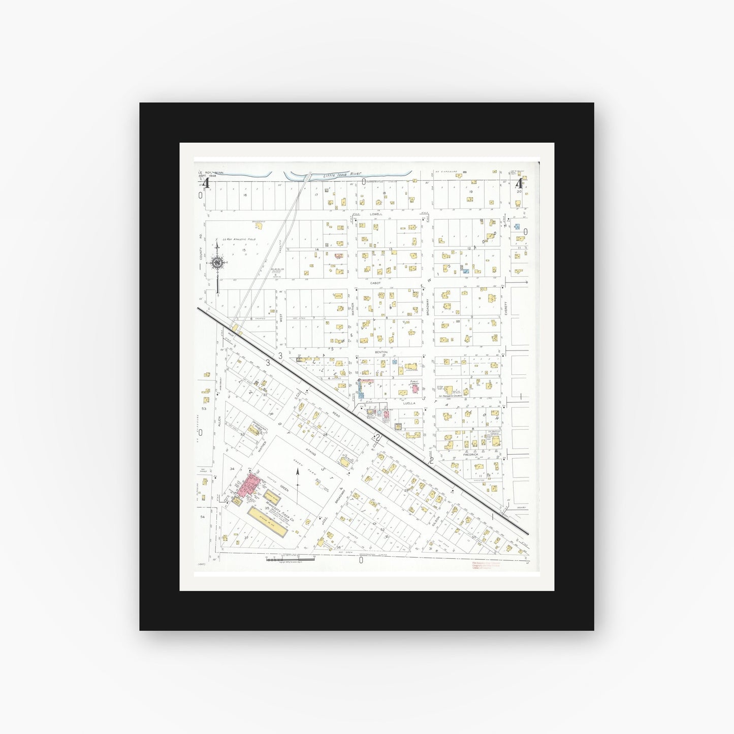 Old map wall art mockup — black gallery frame with white mat — Sanborn Fire Insurance Map from Le Roy, Mower County, Minnesota (1948), Sheet #0004