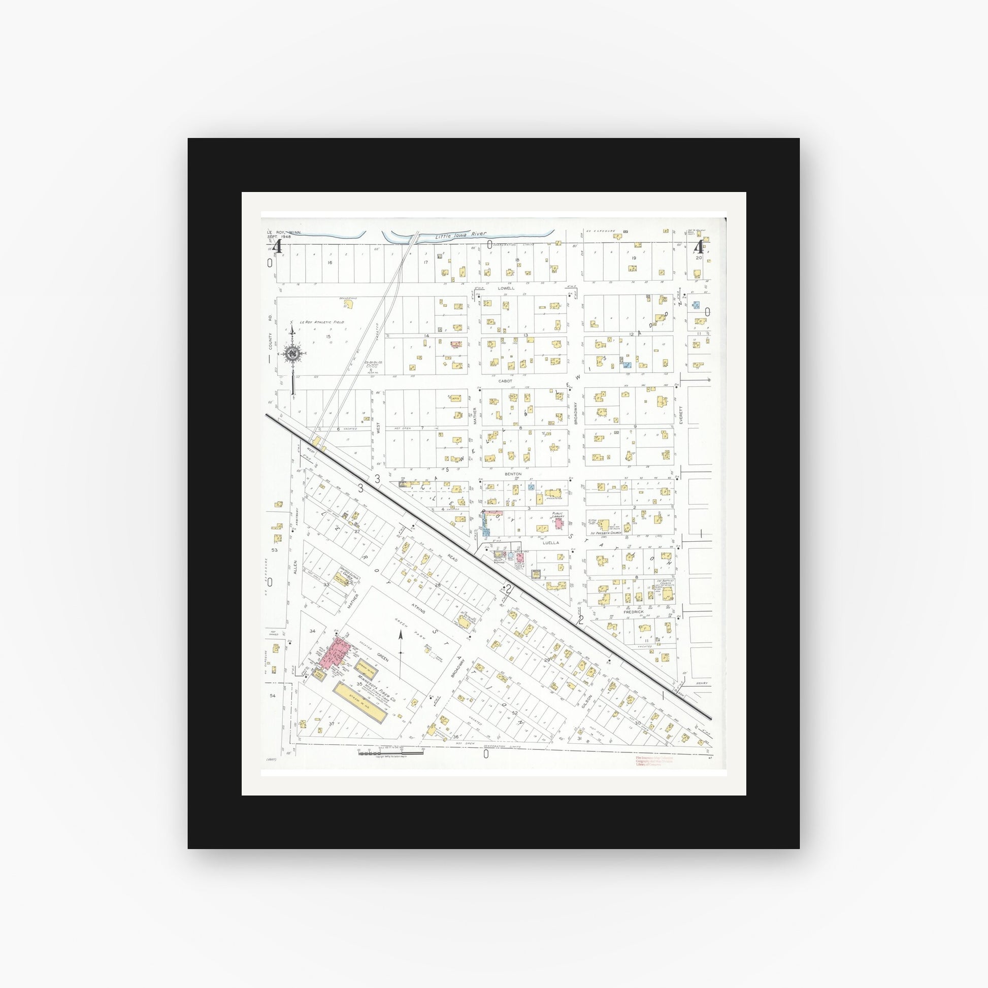 Old map wall art mockup — black gallery frame with white mat — Sanborn Fire Insurance Map from Le Roy, Mower County, Minnesota (1948), Sheet #0004
