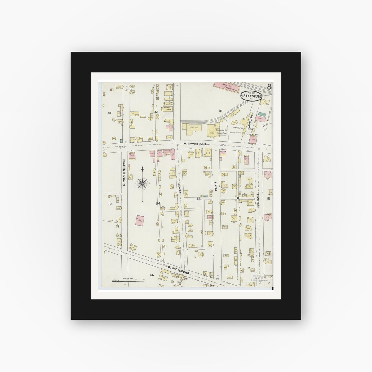 Old map wall art mockup — black gallery frame with white mat — Sanborn Fire Insurance Map from Greensburg, Westmoreland County, Pennsylvania (1891), Sheet #0008
