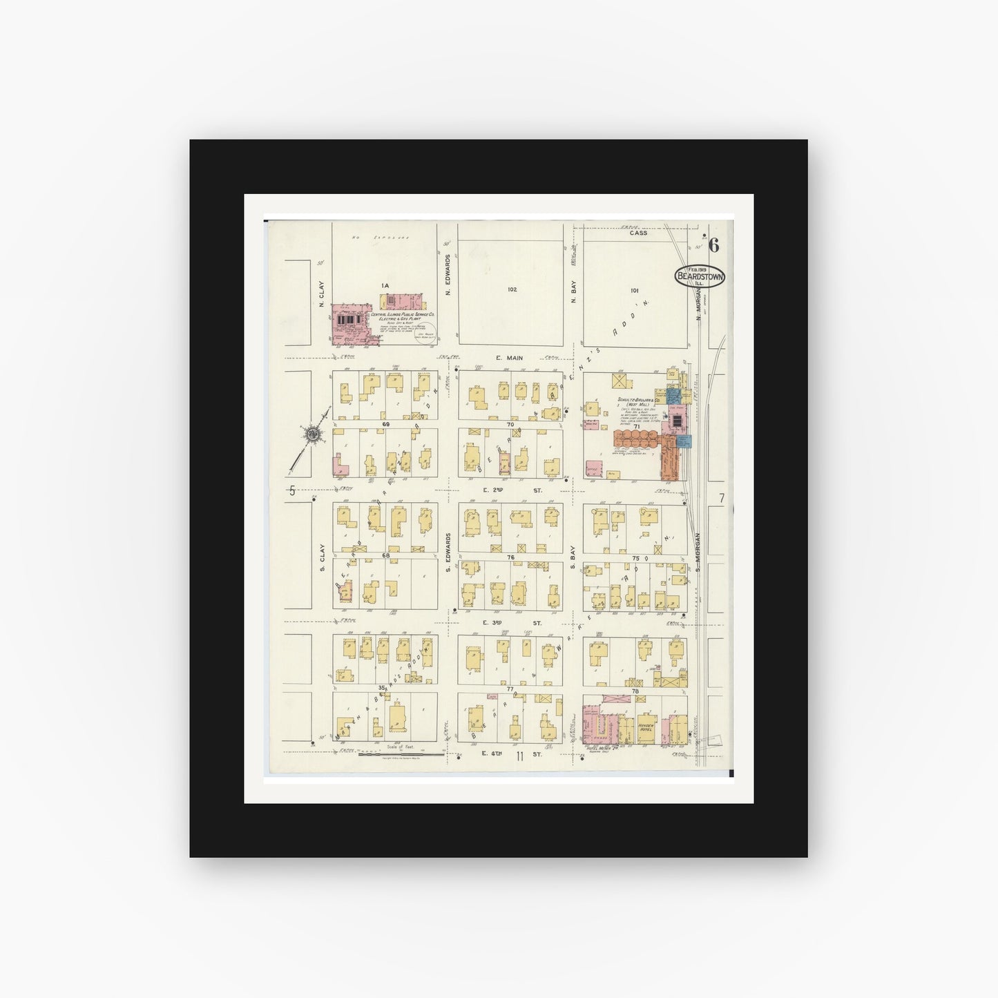 Old map wall art mockup — black gallery frame with white mat — Sanborn Fire Insurance Map from Beardstown, Cass County, Illinois (1919), Sheet #0006