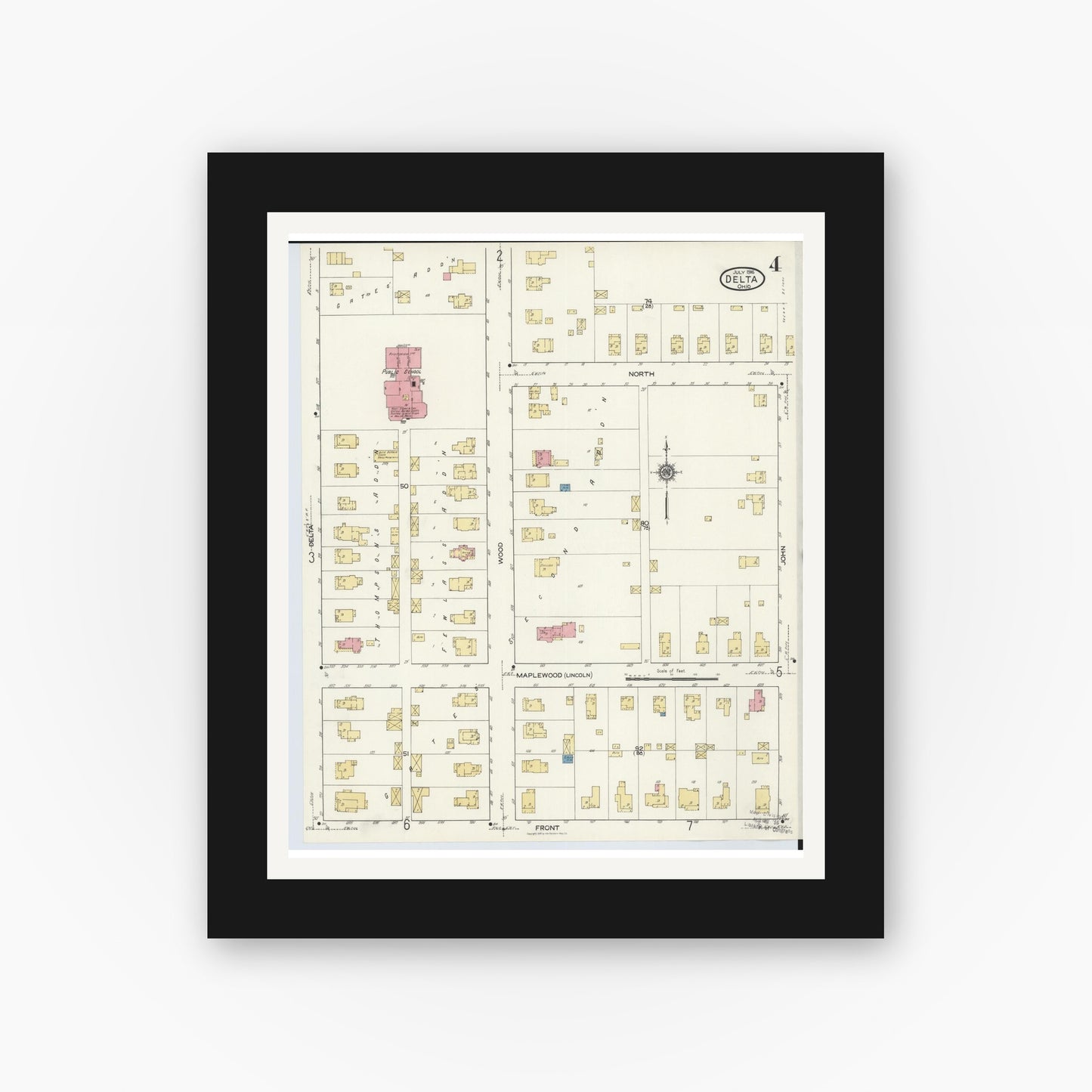 Old map wall art mockup — black gallery frame with white mat — Sanborn Fire Insurance Map from Delta, Fulton County, Ohio (1916), Sheet #0004