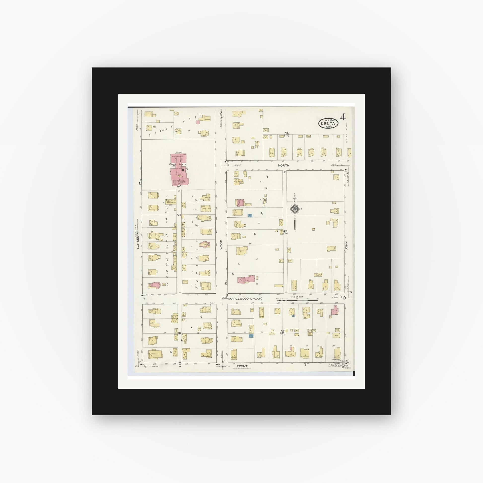 Old map wall art mockup — black gallery frame with white mat — Sanborn Fire Insurance Map from Delta, Fulton County, Ohio (1916), Sheet #0004
