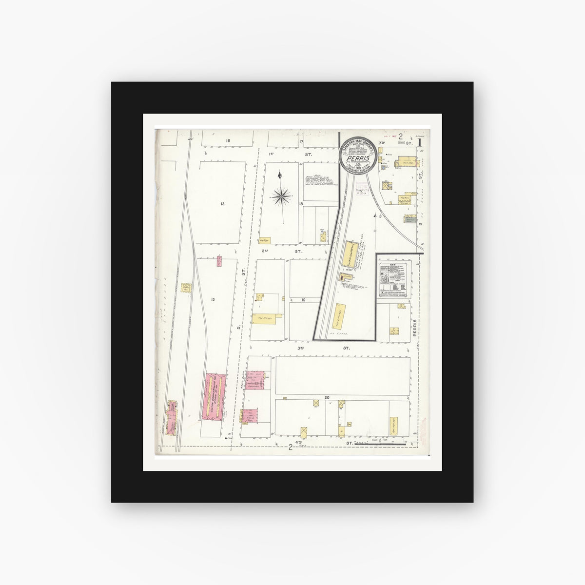 Old map wall art mockup — black gallery frame with white mat — Sanborn Fire Insurance Map from Perris, Riverside County, California (1907) - Complete Map Set