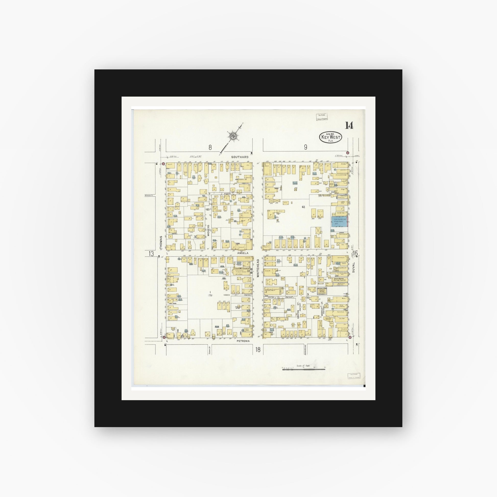 Old map wall art mockup — black gallery frame with white mat — Sanborn Fire Insurance Map from Key West, Monroe County, Florida (1912), Sheet #0014