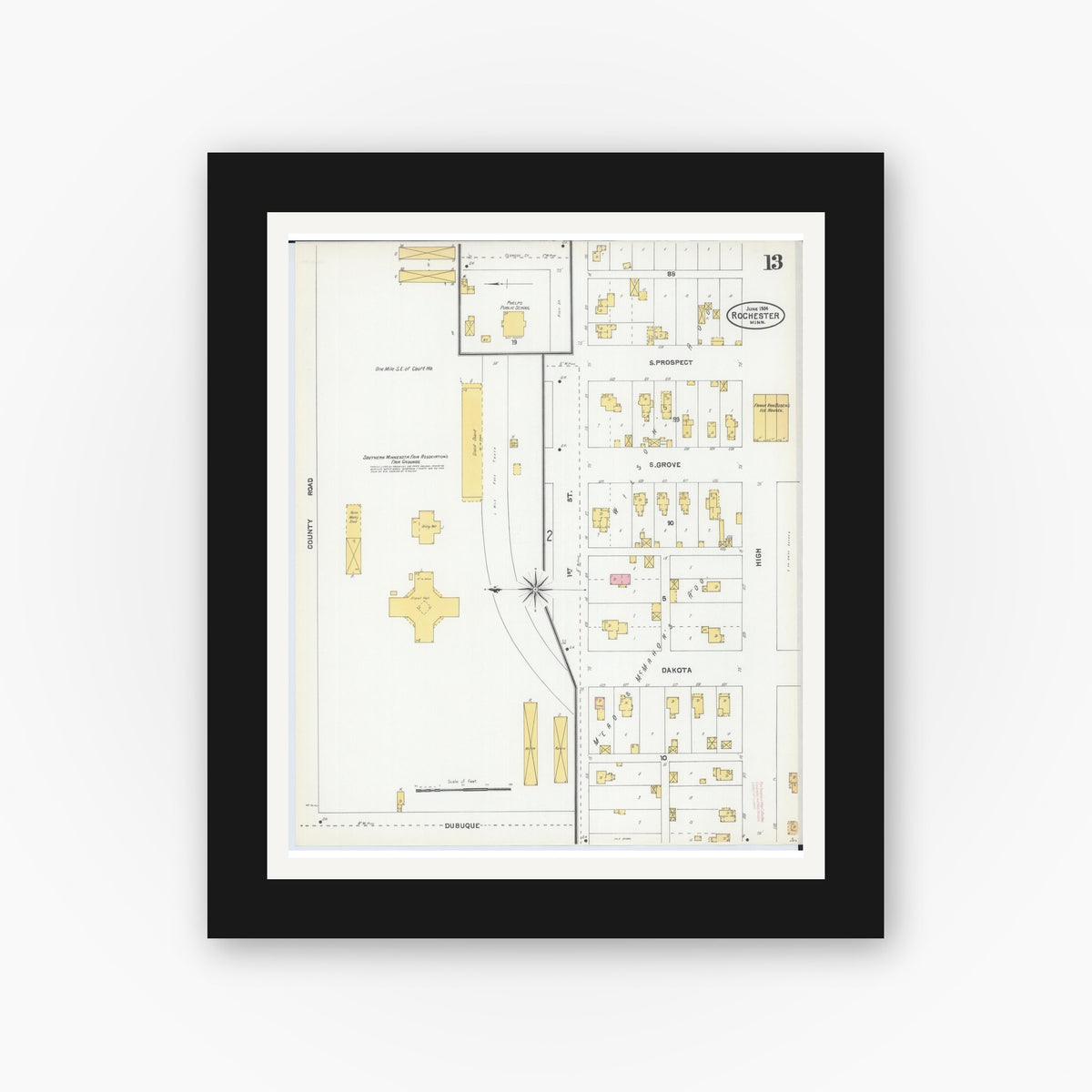 Old map wall art mockup — black gallery frame with white mat — Sanborn Fire Insurance Map from Rochester, Olmsted County, Minnesota (1904), Sheet #0013