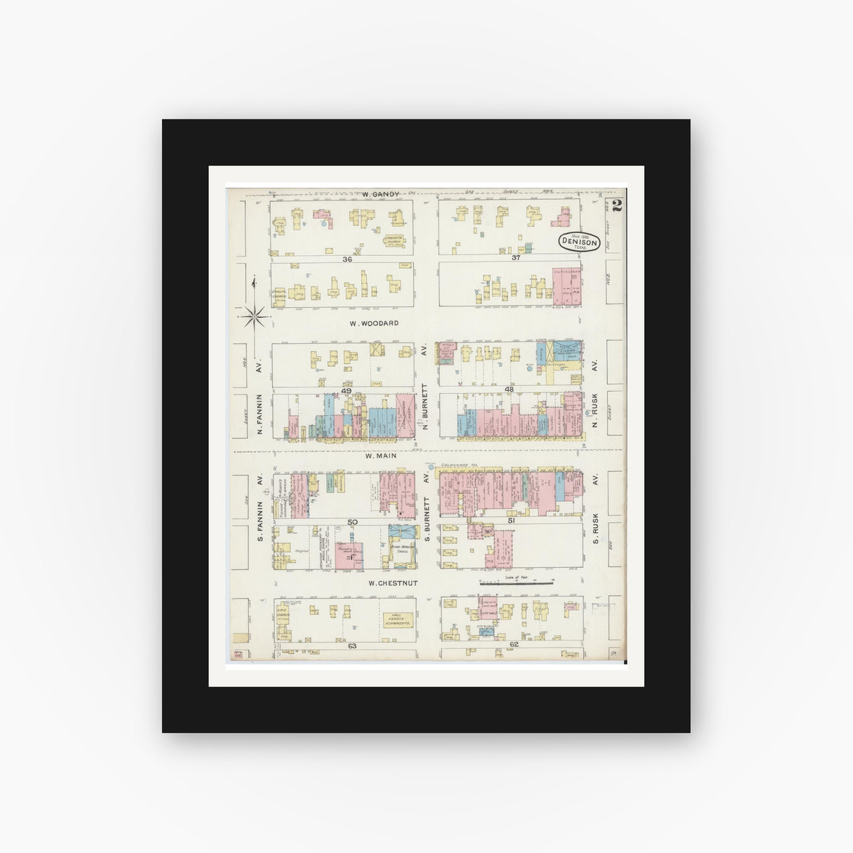 Old map wall art mockup — black gallery frame with white mat — Sanborn Fire Insurance Map from Denison, Grayson County, Texas (1888), Sheet #0002