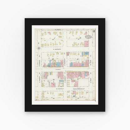 Old map wall art mockup — black gallery frame with white mat — Sanborn Fire Insurance Map from Denison, Grayson County, Texas (1888), Sheet #0002