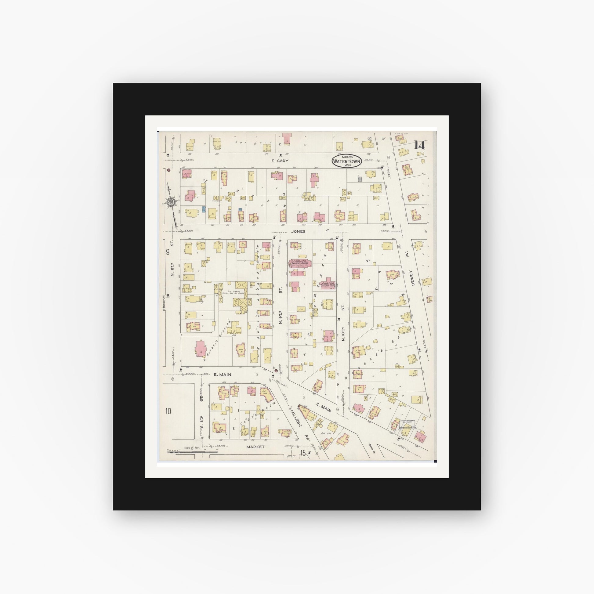 Old map wall art mockup — black gallery frame with white mat — Sanborn Fire Insurance Map from Watertown, Jefferson County, Wisconsin (1915), Sheet #0015