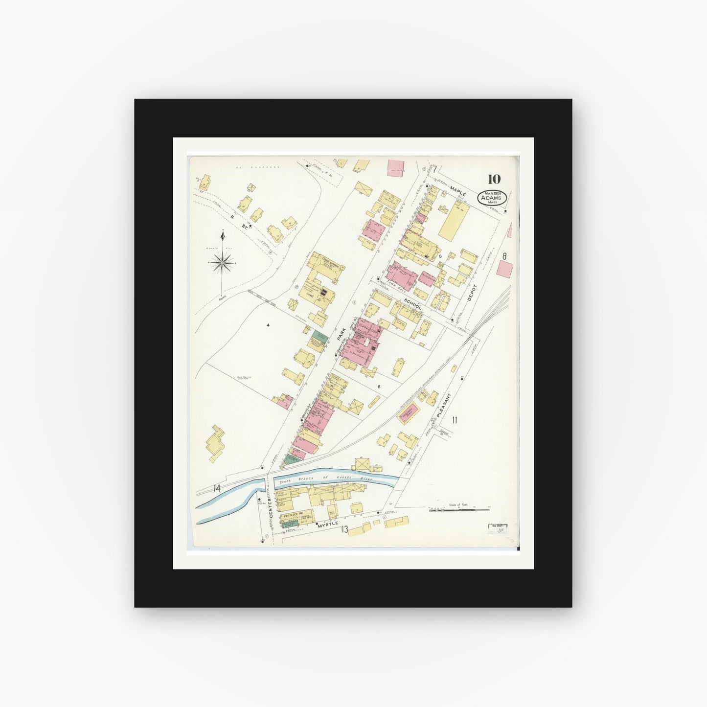 Old map wall art mockup — black gallery frame with white mat — Sanborn Fire Insurance Map from Adams, Berkshire County, Massachusetts (1908), Sheet #0010