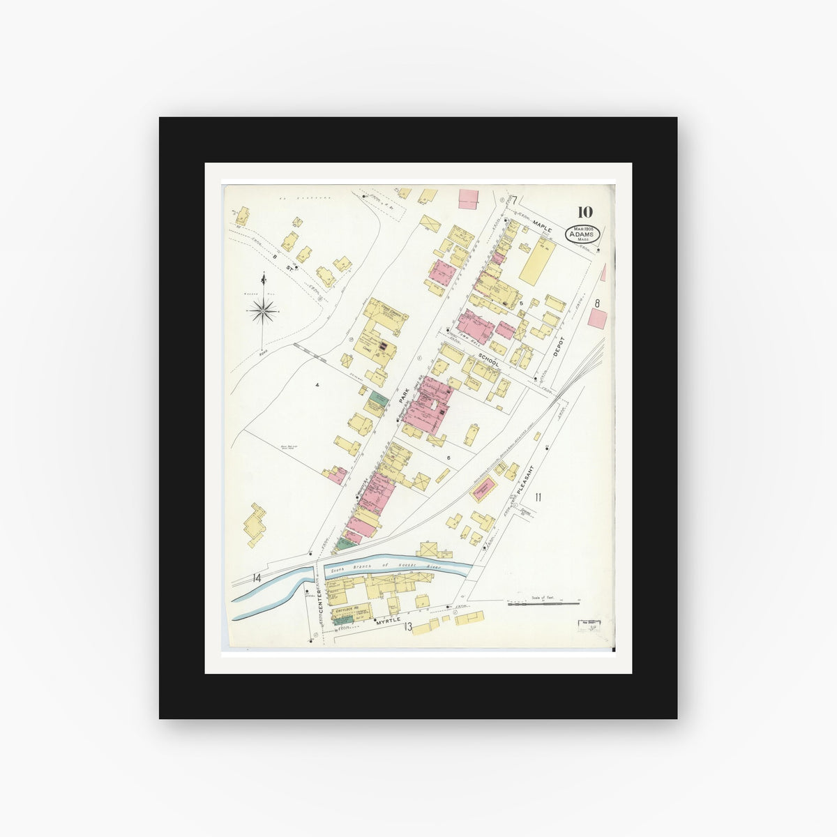 Old map wall art mockup — black gallery frame with white mat — Sanborn Fire Insurance Map from Adams, Berkshire County, Massachusetts (1908), Sheet #0010