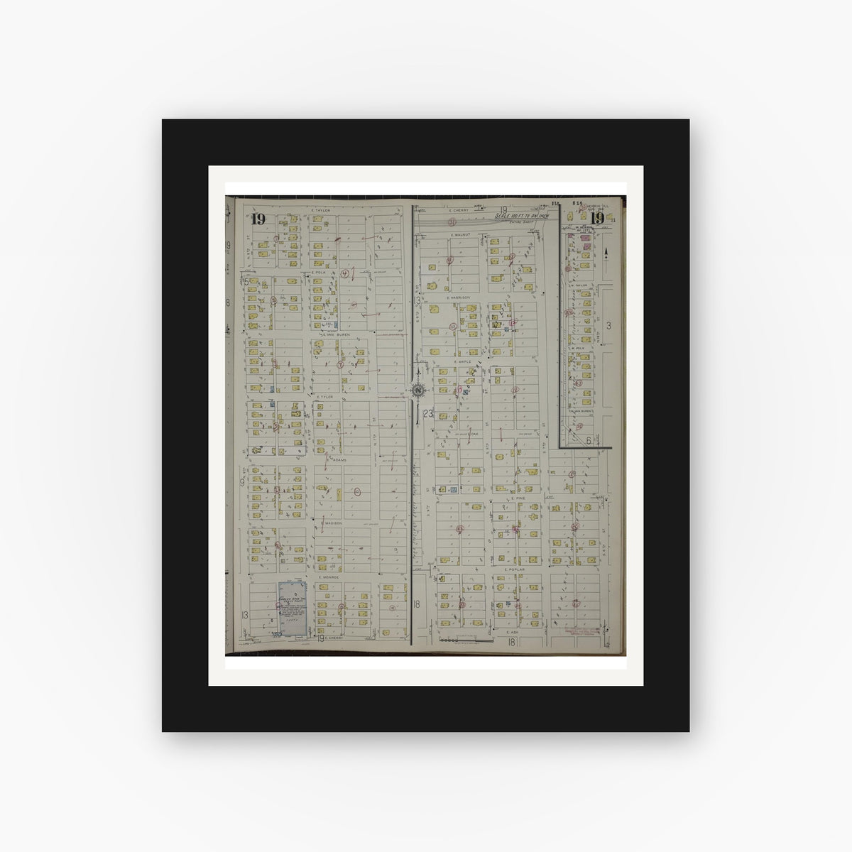 Old map wall art mockup — black gallery frame with white mat — Sanborn Fire Insurance Map from Herrin, Williamson County, Illinois (1947), Sheet #0019