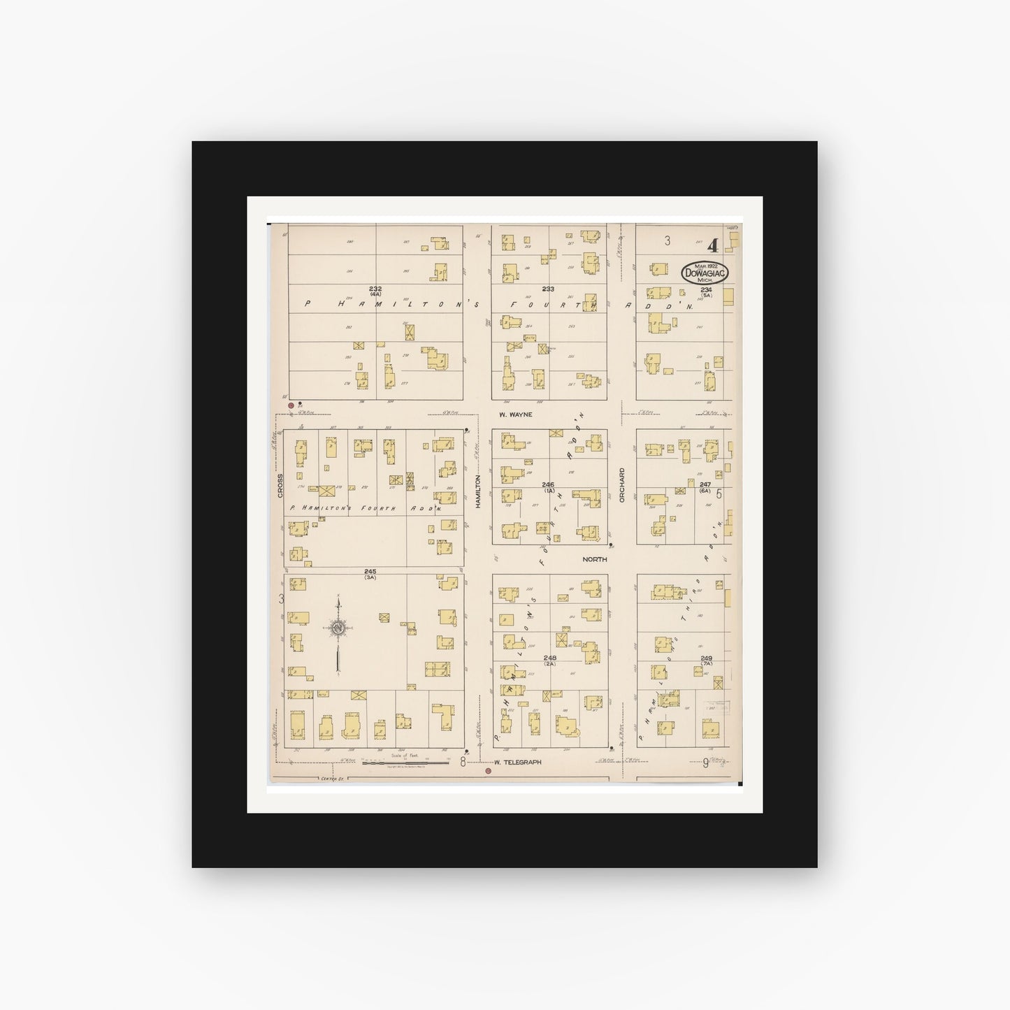Old map wall art mockup — black gallery frame with white mat — Sanborn Fire Insurance Map from Dowagiac, Cass County, Michigan (1922), Sheet #0004