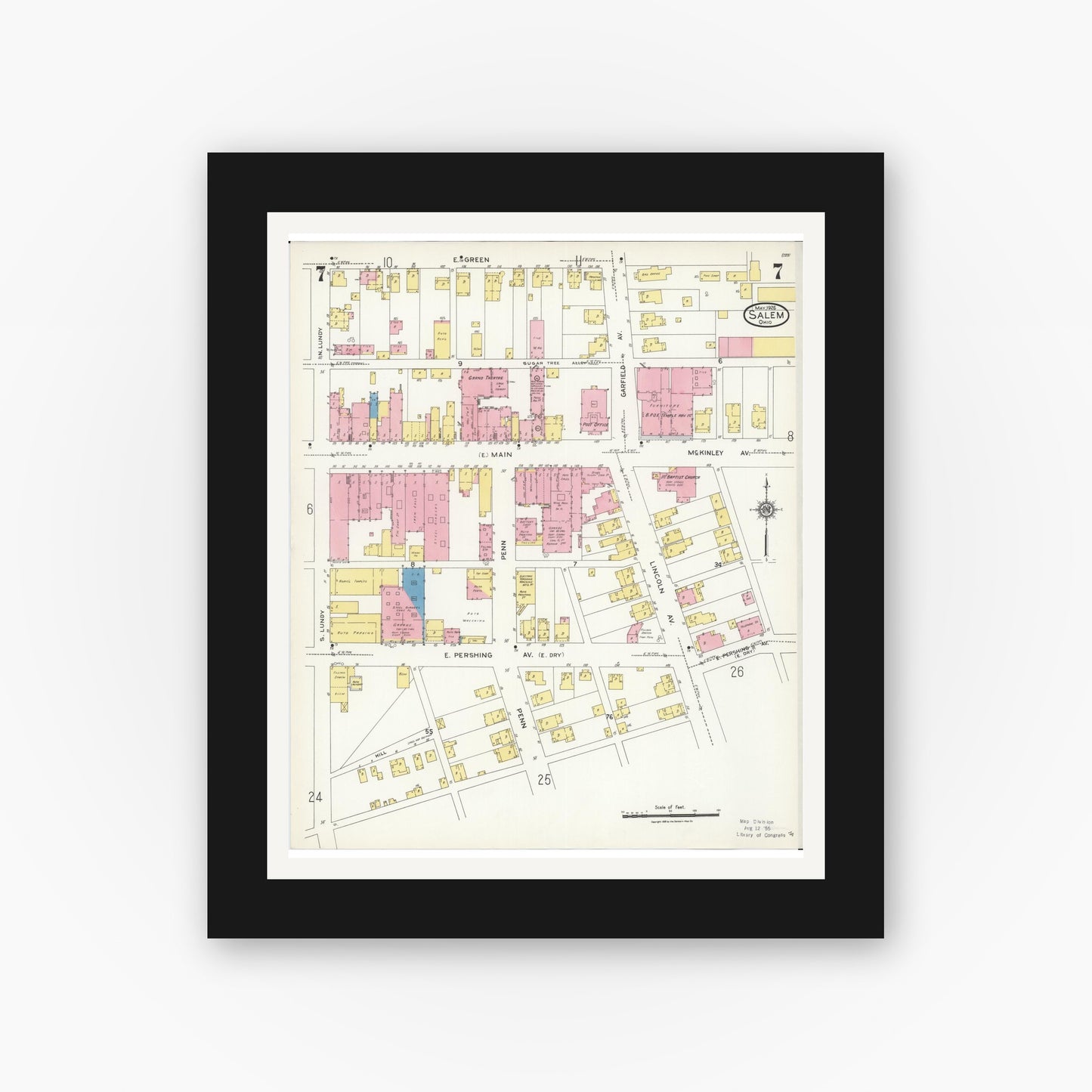 Old map wall art mockup — black gallery frame with white mat — Sanborn Fire Insurance Map from Salem, Columbiana County, Ohio (1926), Sheet #0007