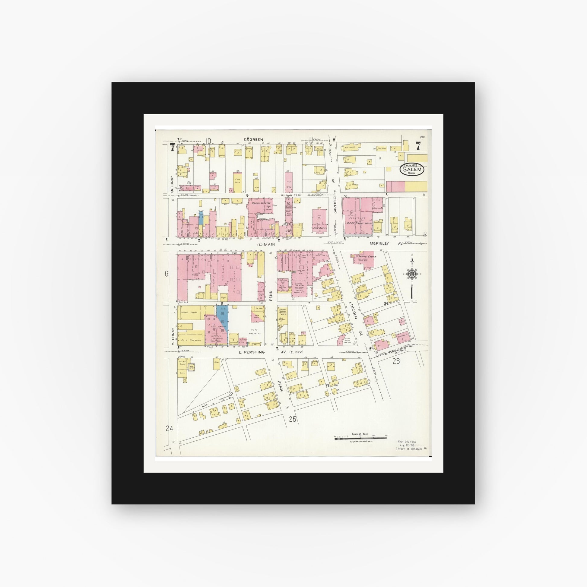 Old map wall art mockup — black gallery frame with white mat — Sanborn Fire Insurance Map from Salem, Columbiana County, Ohio (1926), Sheet #0007