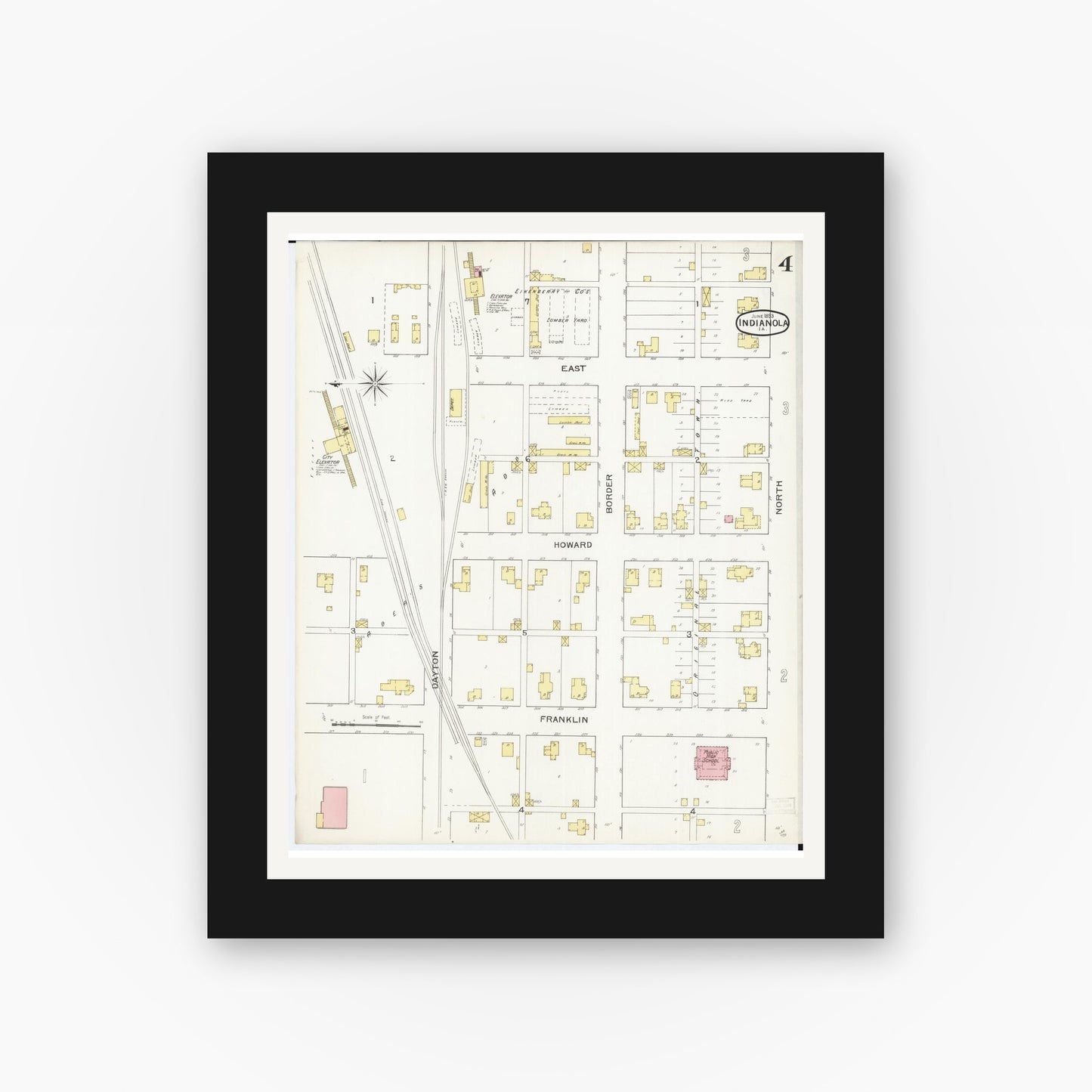 Old map wall art mockup — black gallery frame with white mat — Sanborn Fire Insurance Map from Indianola, Warren County, Iowa (1893), Sheet #0004