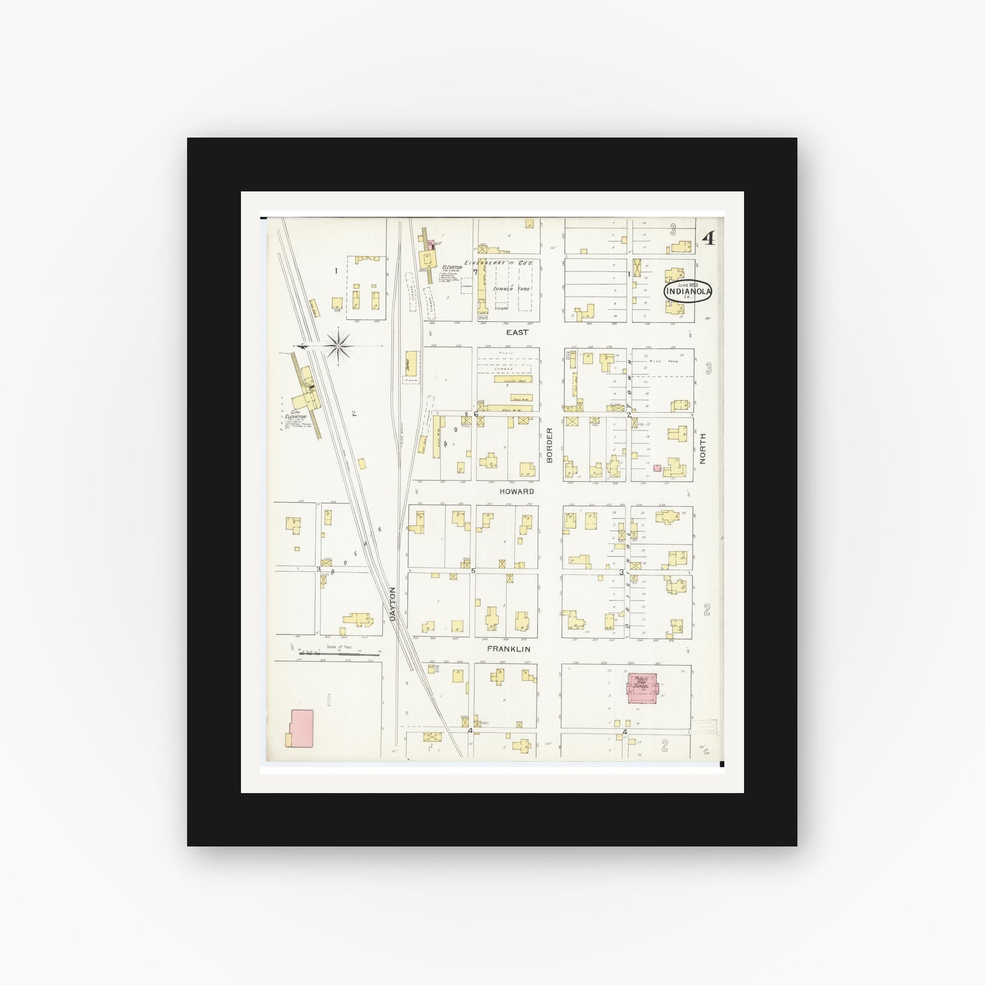 Old map wall art mockup — black gallery frame with white mat — Sanborn Fire Insurance Map from Indianola, Warren County, Iowa (1893), Sheet #0004