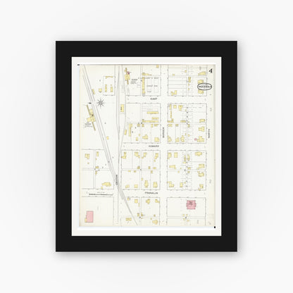 Old map wall art mockup — black gallery frame with white mat — Sanborn Fire Insurance Map from Indianola, Warren County, Iowa (1893), Sheet #0004