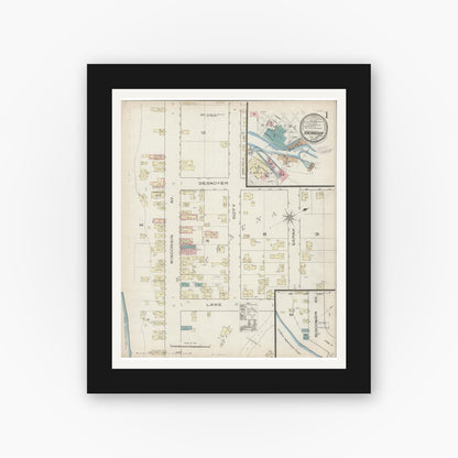 Old map wall art mockup — black gallery frame with white mat — Sanborn Fire Insurance Map from Kaukauna, Outagamie County, Wisconsin (1885) - Complete Map Set