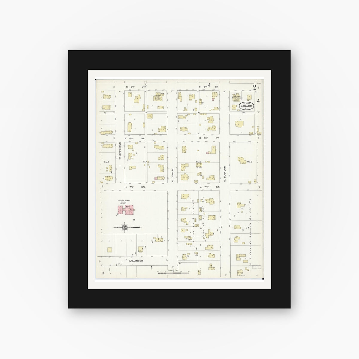 Old map wall art mockup — black gallery frame with white mat — Sanborn Fire Insurance Map from Girard, Macoupin County, Illinois (1914), Sheet #0002