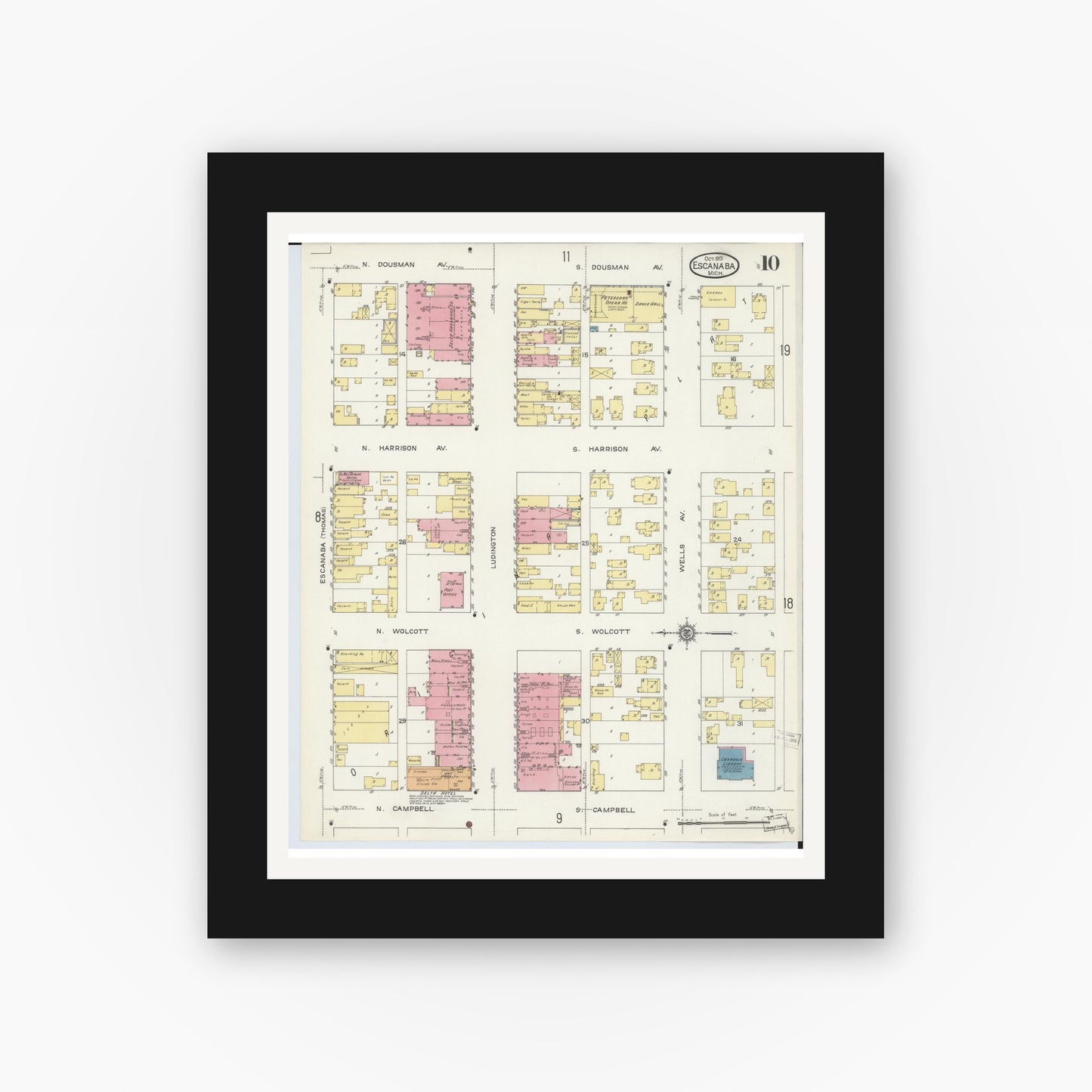 Old map wall art mockup — black gallery frame with white mat — Sanborn Fire Insurance Map from Escanaba, Delta County, Michigan (1913), Sheet #0010
