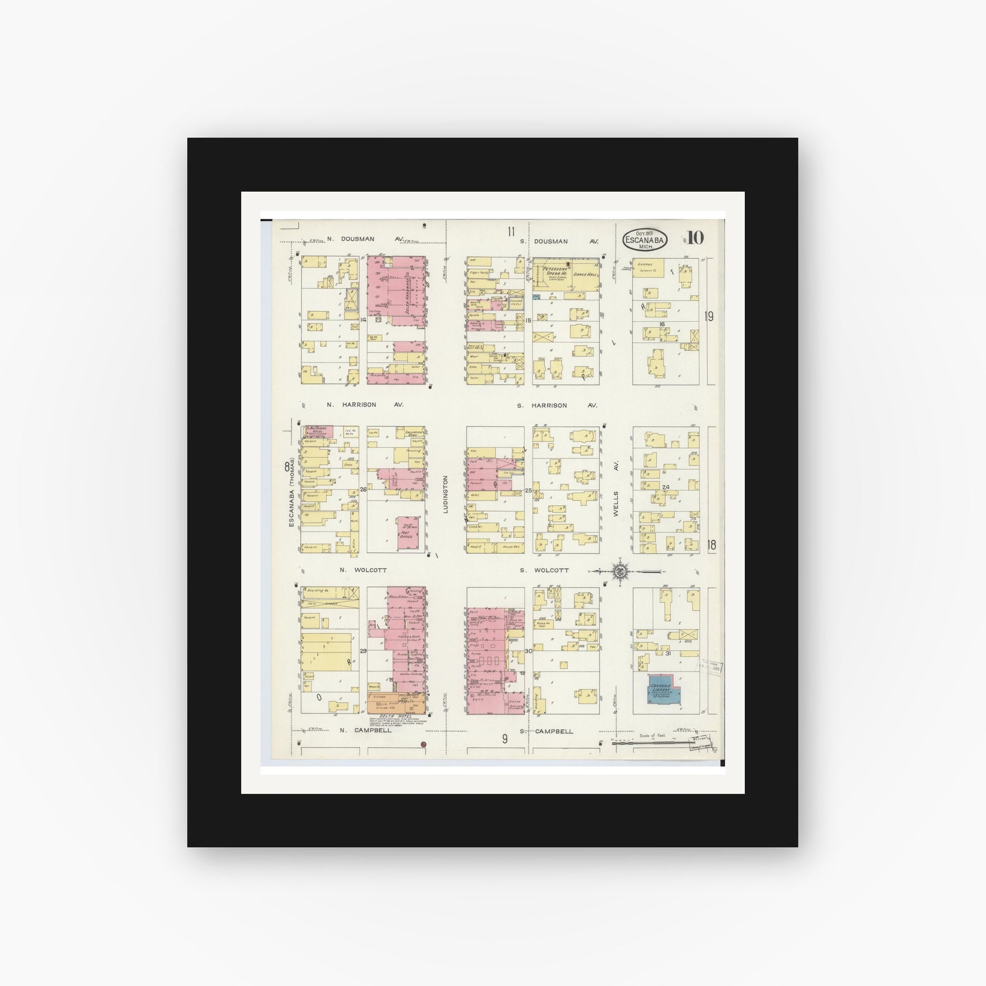 Old map wall art mockup — black gallery frame with white mat — Sanborn Fire Insurance Map from Escanaba, Delta County, Michigan (1913), Sheet #0010