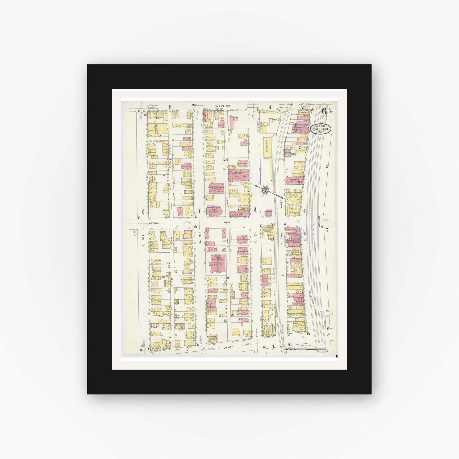 Old map wall art mockup — black gallery frame with white mat — Sanborn Fire Insurance Map from Homestead, Allegheny County, Pennsylvania (1913), Sheet #0006