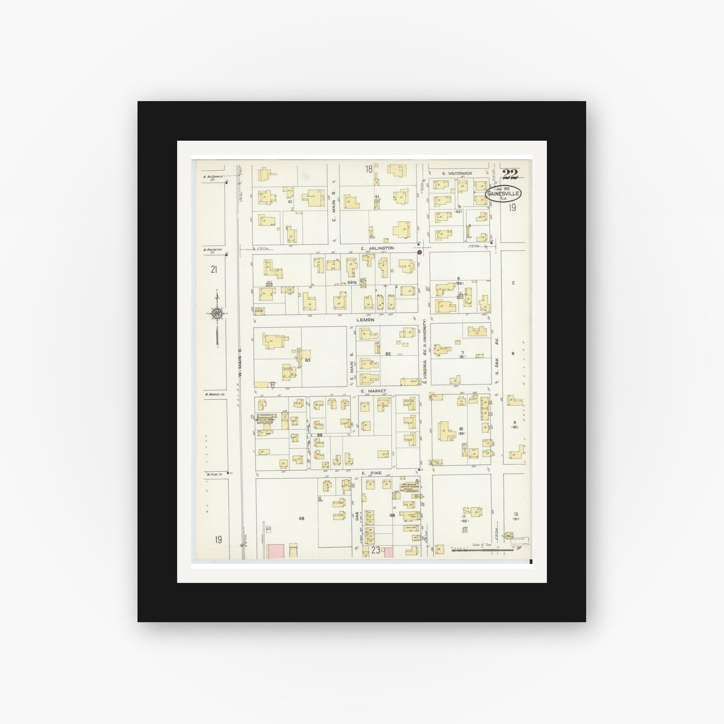 Old map wall art mockup — black gallery frame with white mat — Sanborn Fire Insurance Map from Gainesville, Alachua County, Florida (1913), Sheet #0022