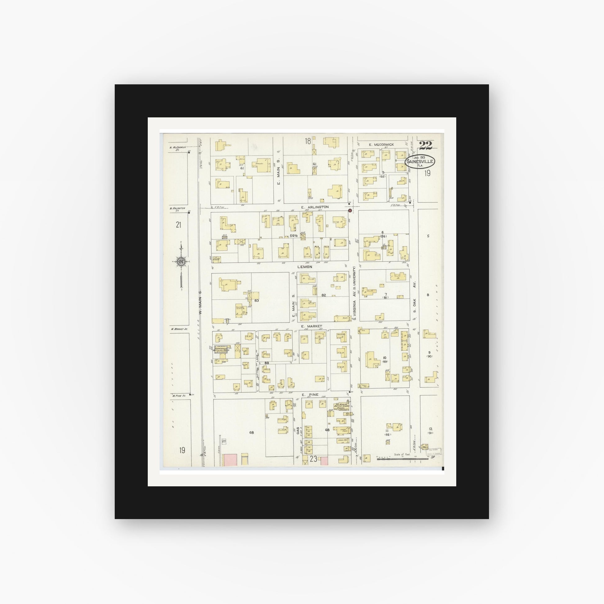 Old map wall art mockup — black gallery frame with white mat — Sanborn Fire Insurance Map from Gainesville, Alachua County, Florida (1913), Sheet #0022