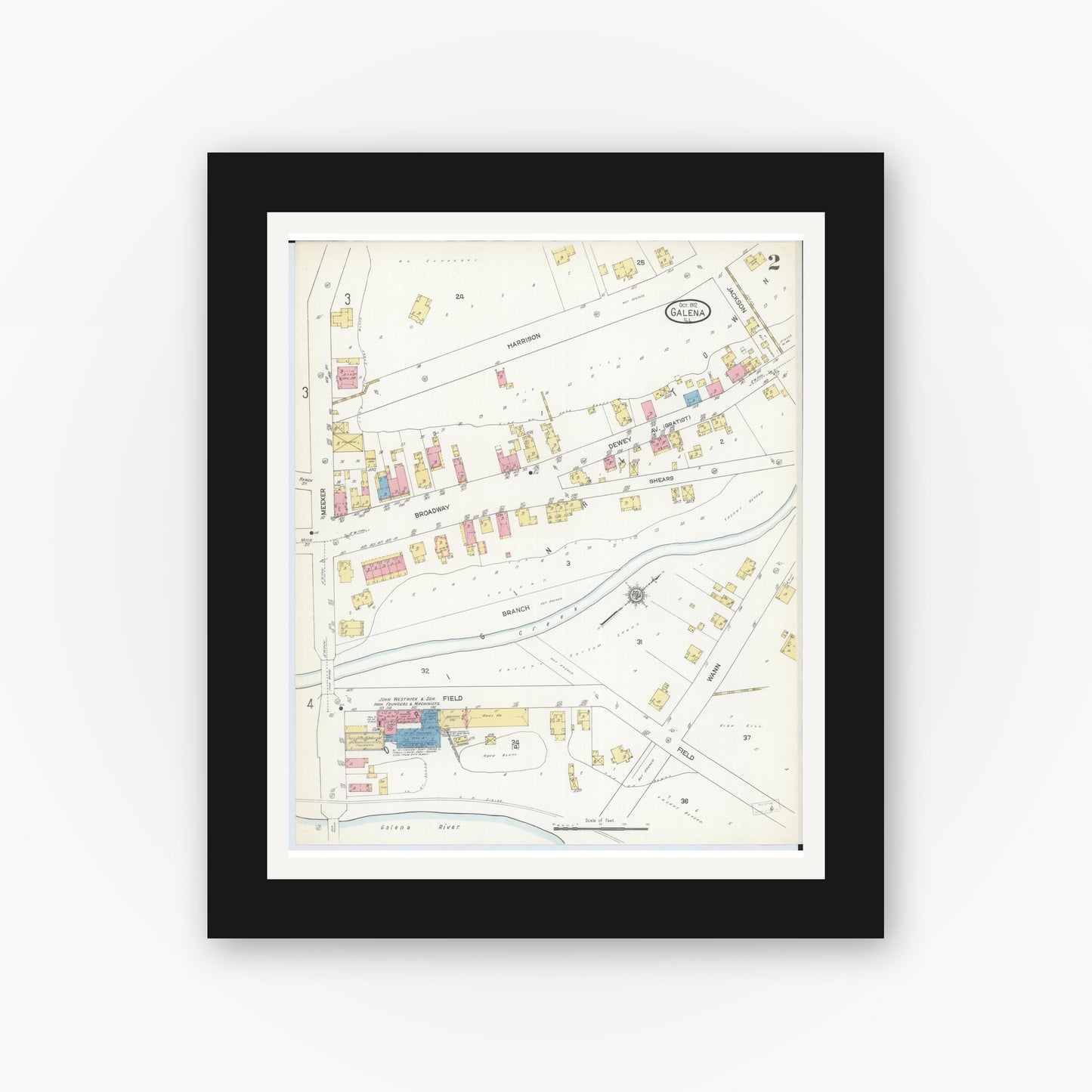 Old map wall art mockup — black gallery frame with white mat — Sanborn Fire Insurance Map from Galena, Jo Daviess County, Illinois (1912), Sheet #0002