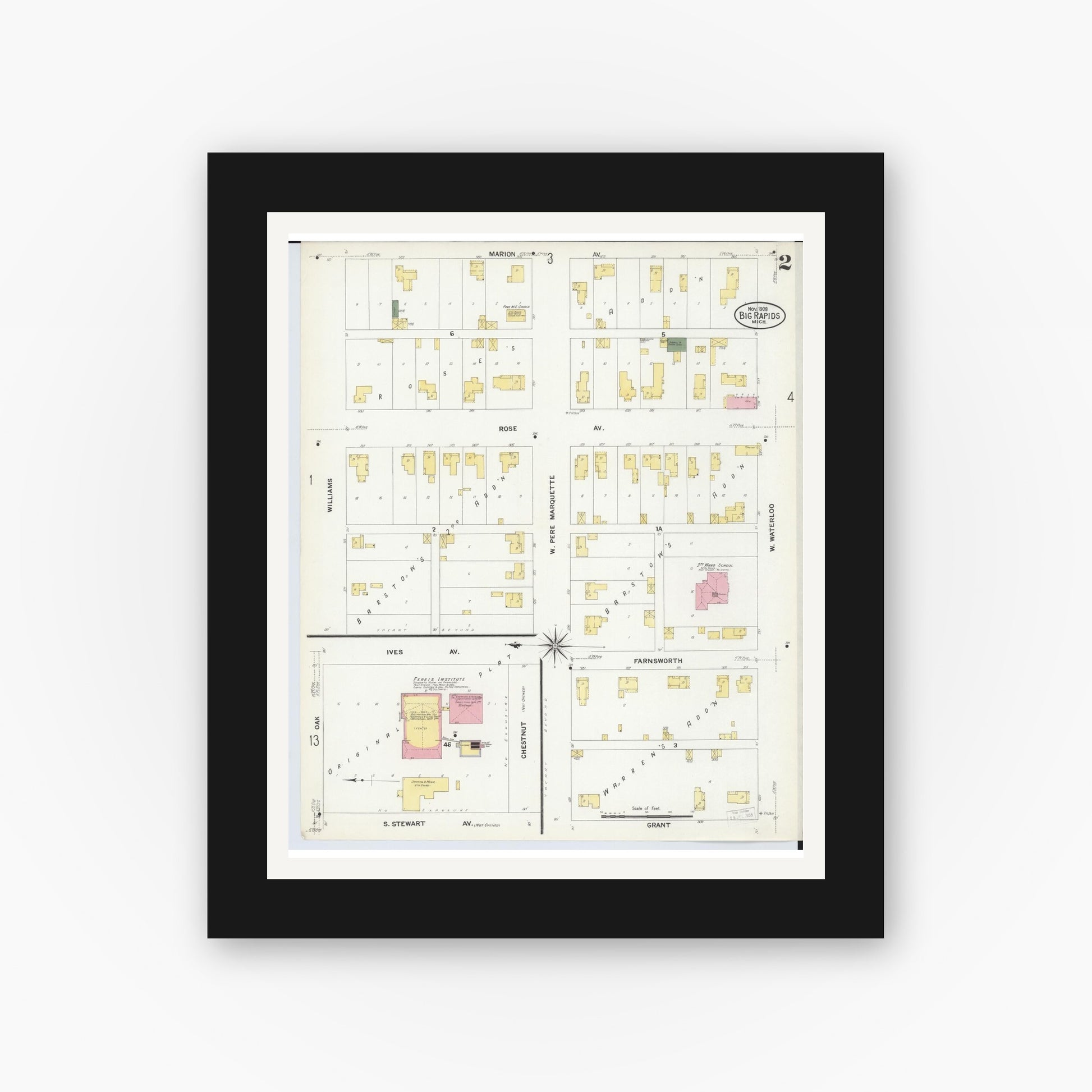 Old map wall art mockup — black gallery frame with white mat — Sanborn Fire Insurance Map from Big Rapids, Mecosta County, Michigan (1908), Sheet #0002
