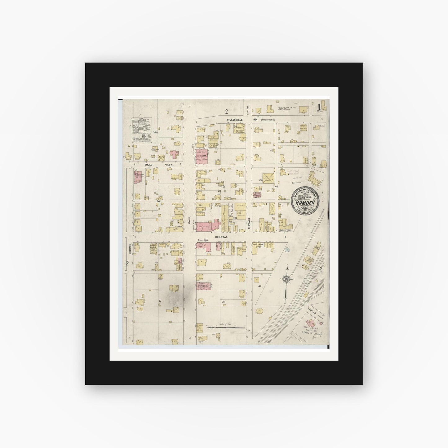 Old map wall art mockup — black gallery frame with white mat — Sanborn Fire Insurance Map from Hamden, Vinton County, Ohio (1911), Sheet #0001
