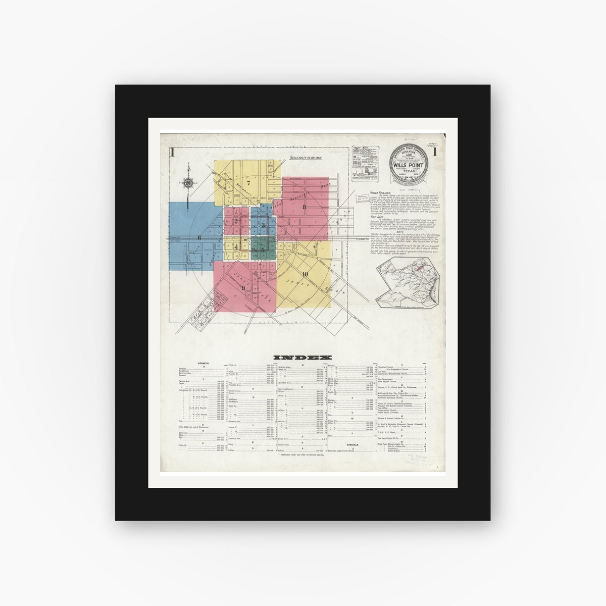 Old map wall art mockup — black gallery frame with white mat — Sanborn Fire Insurance Map from Wills Point, Van Zandt County, Texas (1923), Sheet #0001