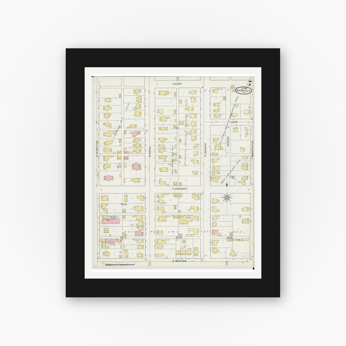 Old map wall art mockup — black gallery frame with white mat — Sanborn Fire Insurance Map from Danville, Vermilion County, Illinois (1895), Sheet #0007