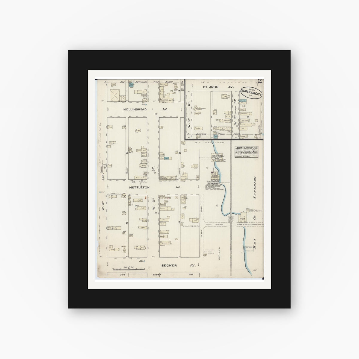 Old map wall art mockup — black gallery frame with white mat — Sanborn Fire Insurance Map from Superior, Douglas County, Wisconsin (1884), Sheet #0002