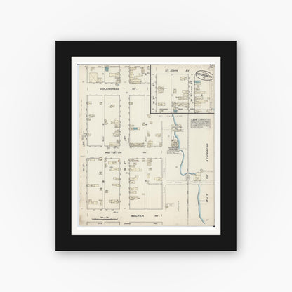 Old map wall art mockup — black gallery frame with white mat — Sanborn Fire Insurance Map from Superior, Douglas County, Wisconsin (1884), Sheet #0002