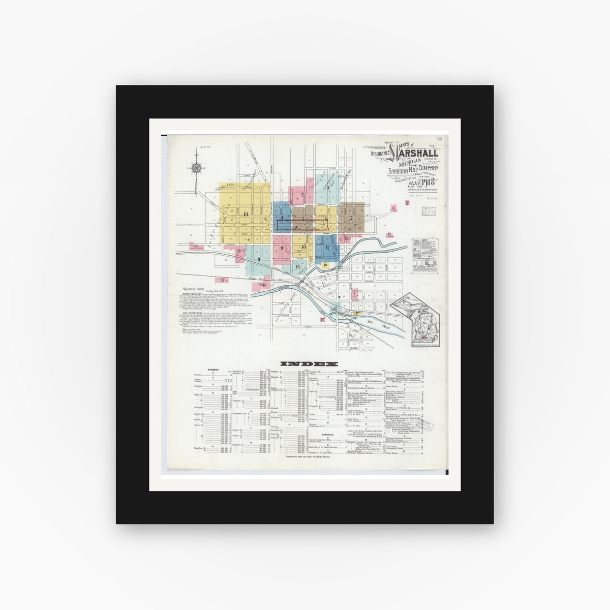 Old map wall art mockup — black gallery frame with white mat — Sanborn Fire Insurance Map from Marshall, Calhoun County, Michigan (1916), Sheet #0001