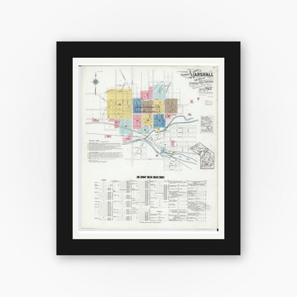 Old map wall art mockup — black gallery frame with white mat — Sanborn Fire Insurance Map from Marshall, Calhoun County, Michigan (1916), Sheet #0001